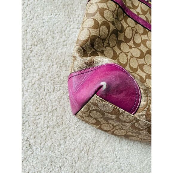 COACH LEATHER CARRYALL IN SIGNATURE CANVAS KHAKI LILAC  LEATHER TOTE BAG - Picture 11 of 16